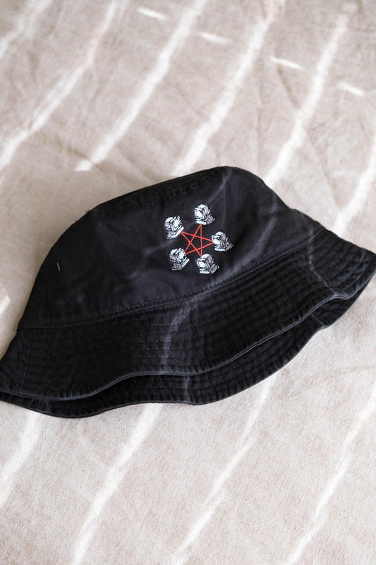 May include: A black bucket hat featuring an embroidered design of five small white computer monitors arranged in a circle, connected by a thin red pentagram line stitched in the center of the front panel of the hat.
